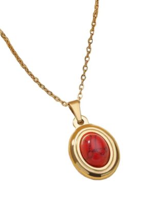 Collier chaine fine pendentif pierre rouge plaque or