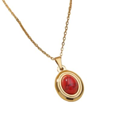 Collier chaine fine pendentif pierre rouge plaque or