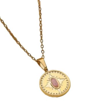 Collier medaille pierre rose acier inoxydable