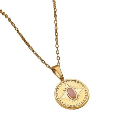 Collier medaille pierre rose acier inoxydable